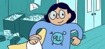 Illustration of a girl with glasses wearing a superhero cape and carrying a white bag. On her shirt are the letters RLC.