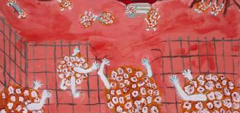 "School Day" by Mary Lesse — Painting, red background, children that are actually coronaviruses run around with red school in the background