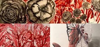 Artwork of red flowers and a butterfly