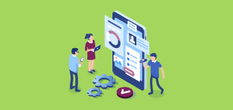 Illustration of designers working with component shapes on a giant screen representing UX vs UI.