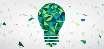 lightbulb constructed with green and blue triangular shapes