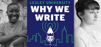 Why We Write logo flanked by two author photos in black and white