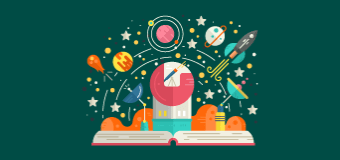Illustration depicting an open book with images related to space exploration emerging from the pages.