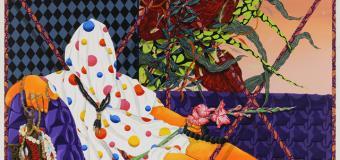 collaged painting of person sitting on couch covered in cloth and flowers