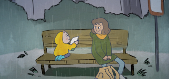 animation still of child and woman on a park bench in the rain