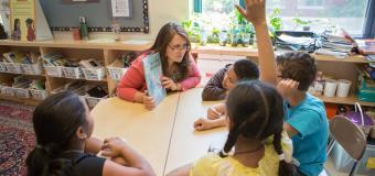 teacher reading to elementary students
