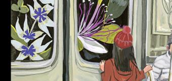 new yorker magazine cover of young person looking out windows of the subway seeing large beautiful flowers