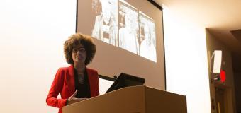 Latoya Ruby Frazier speaks at a podium.