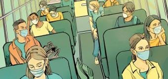 illustration of people sitting on a school bus wearing masks