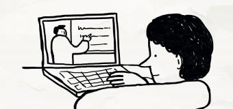 Illustration of kid looking at a teacher on a laptop