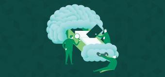 Two people file documents inside a brain.