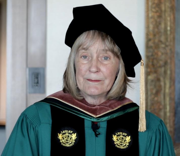 A photo of Elizabeth Broun in her cap and gown for the 2021 virtual Commencement ceremony.