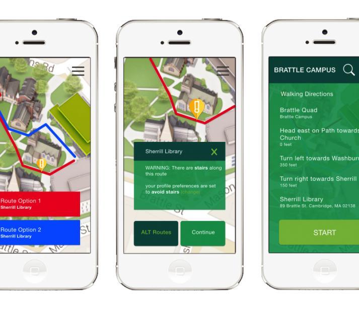 cell phone screenshots of interactive accessible maps of campus