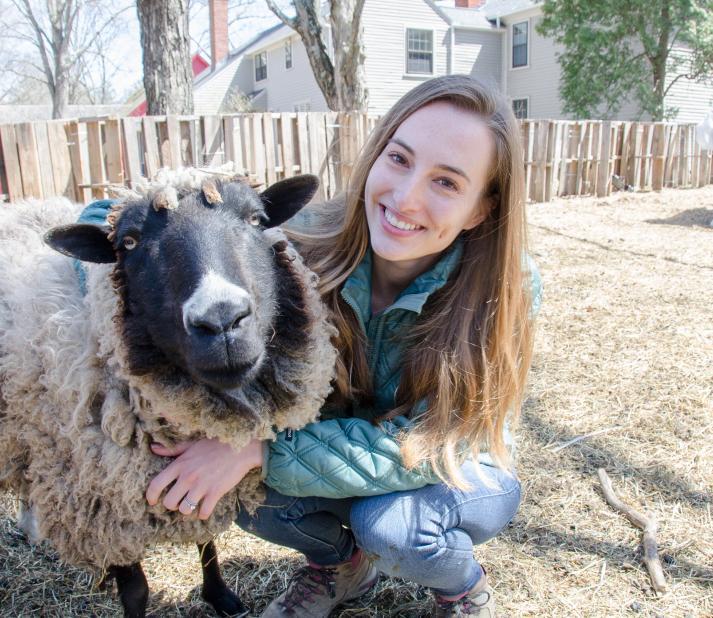 Samantha Sundermeyer '14 with a sheep at Cultivate Care Farm