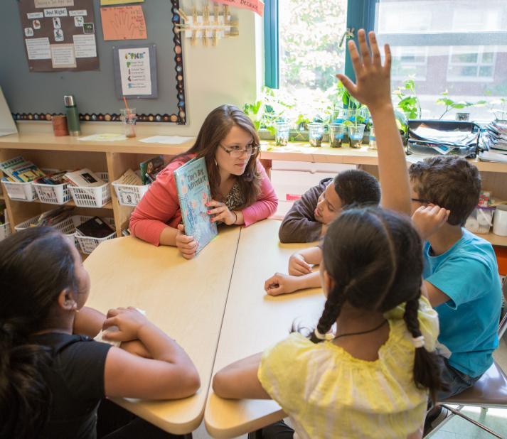 teacher reading to elementary students