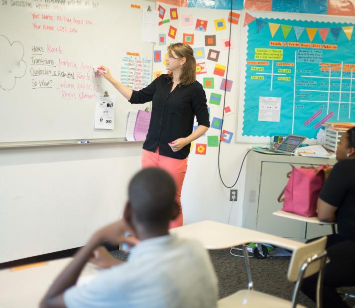 High school teacher in front of the classroom 