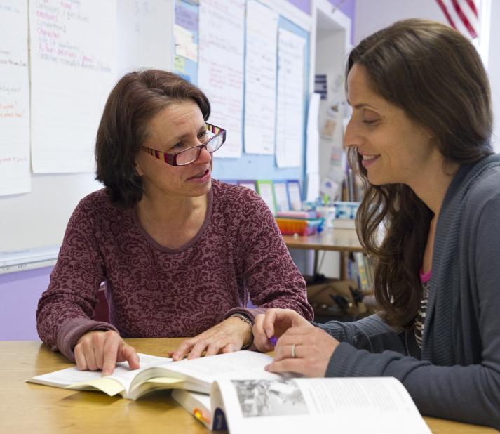 A literacy coach and a teacher look over a text.