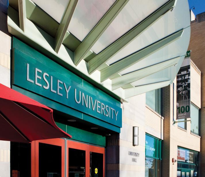 lesley university hall building entrance sign