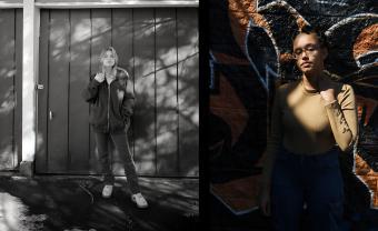 two portraits of teenagers standing against a wall