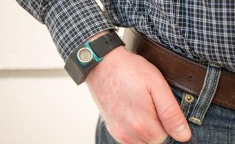 A closeup of the Sunu band on a wrist.