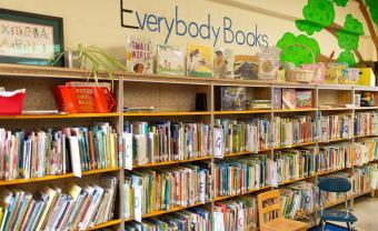 PreK-2 classroom library with rows of bookshelves