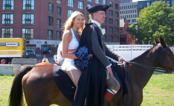 Kirsten Green with "Paul Revere" on a horse in Boston for a commercial.