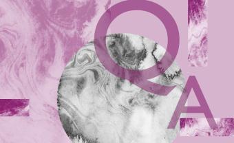 collaged image of purple and pink marbled shapes 