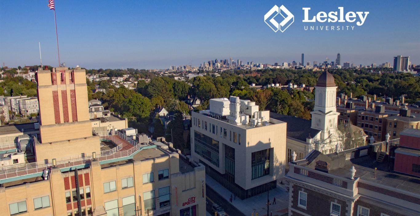 Aerial view of Porter campus and the surrounding buildings of Mass Ave.