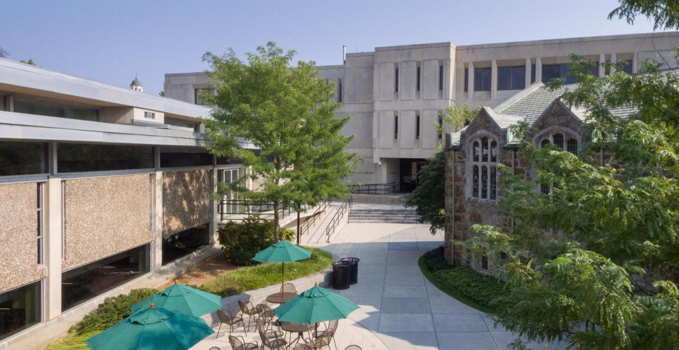 Looking down at Washburn Auditorium and Sherrill Library.