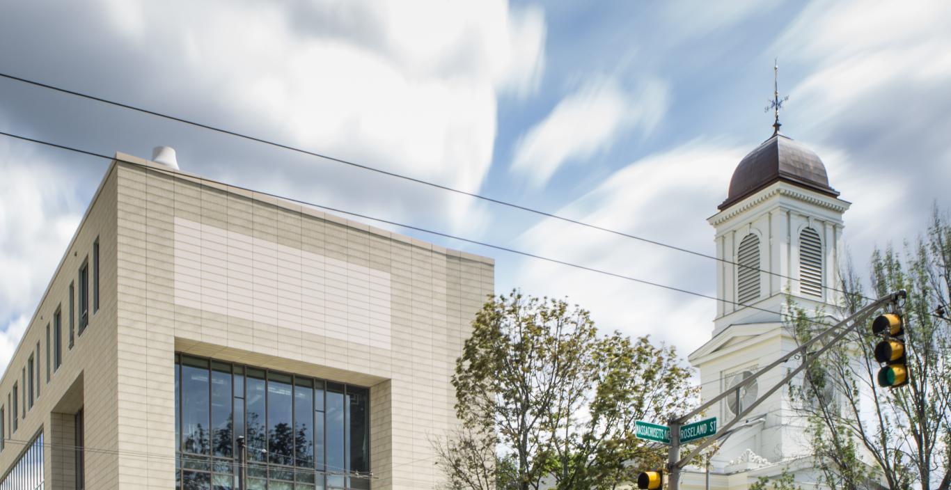 Lunder Arts Center under clouds