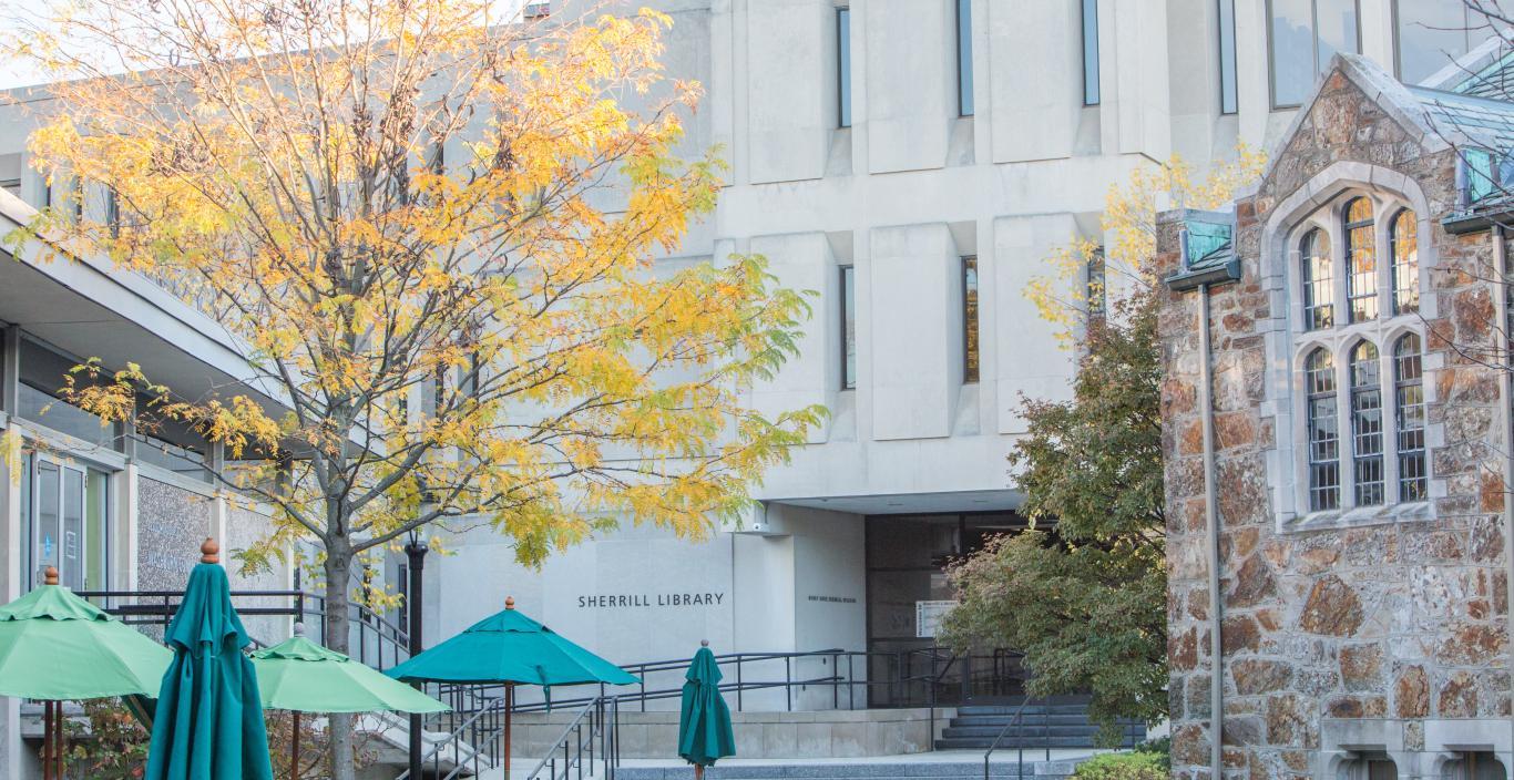 Outside Sherrill Library in autumn.
