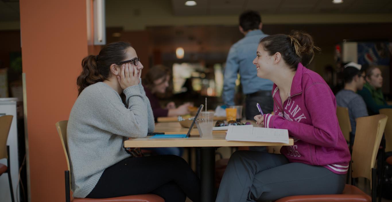 Two students talking in cafe