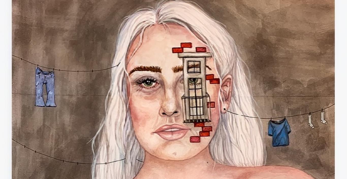 Watercolor painting of Amanda Nahodil with a sink and other household things painted on her chest and clothing lines hung from the side of her head.