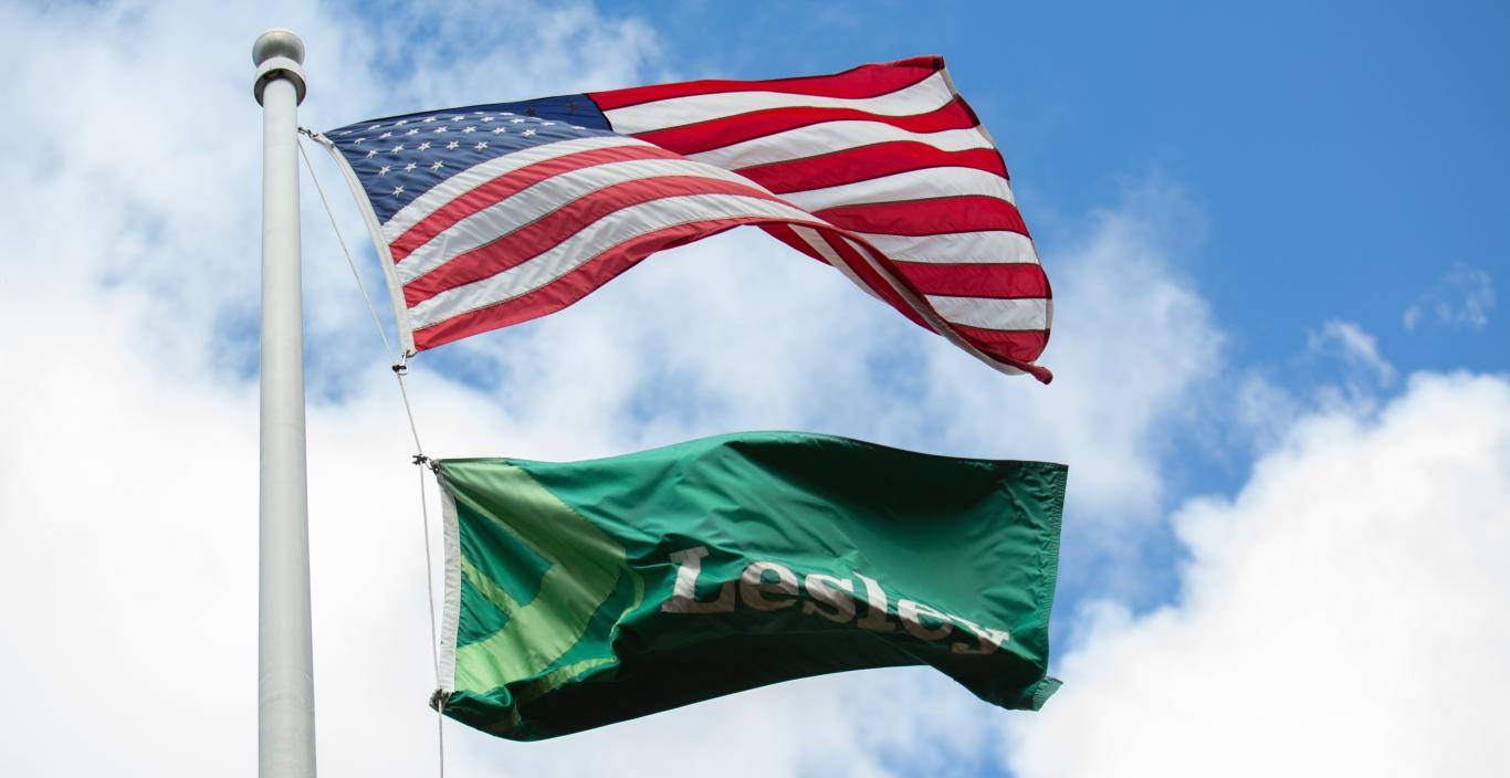 American flag and Lesley flag