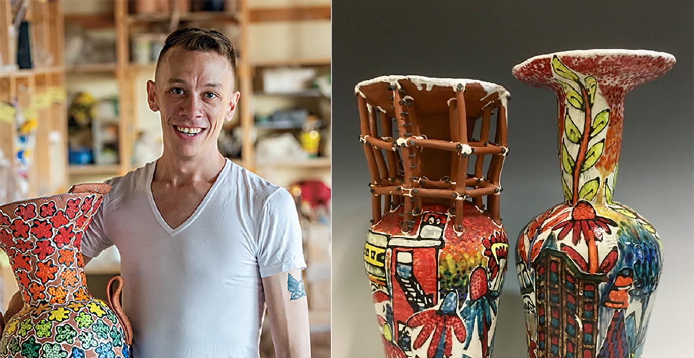 Two photos: Left, Arthur Halvorsen holding a large, colorful vase in a studio. Right, two colorful vases.