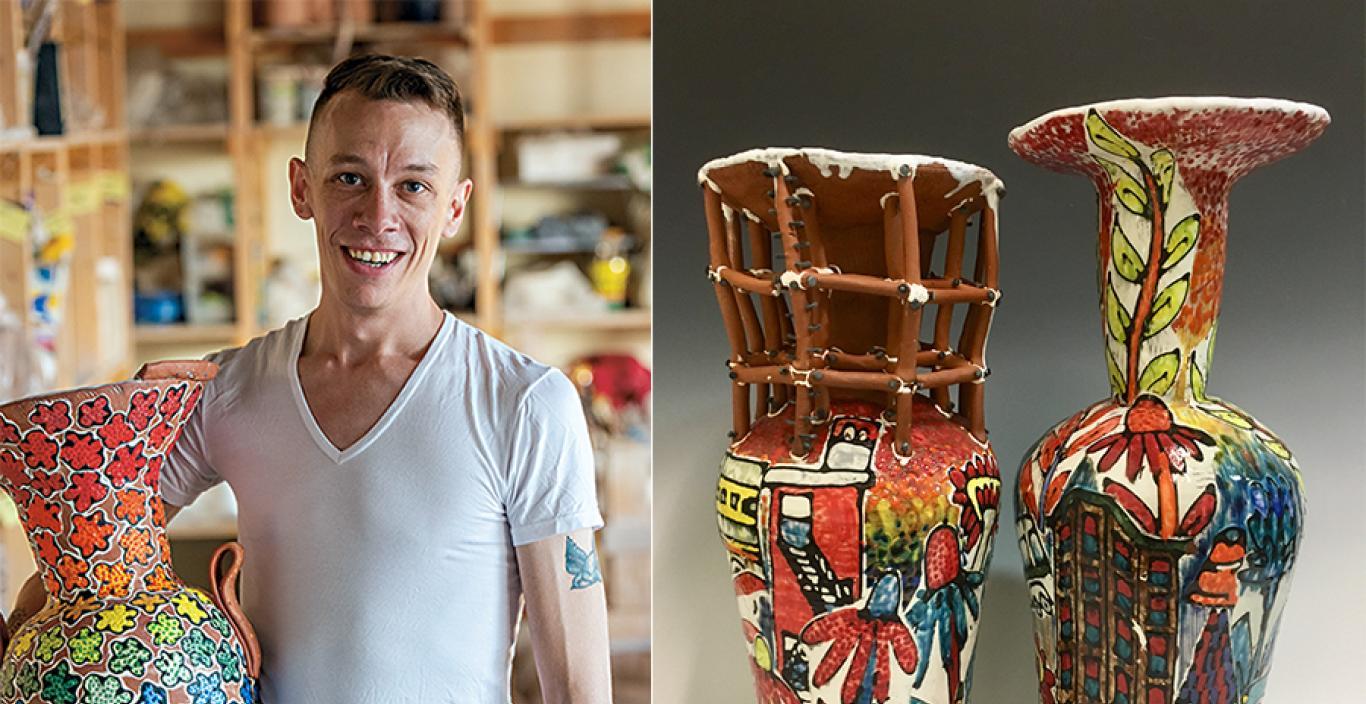 Two photos: Left, Arthur Halvorsen holding a large, colorful vase in a studio. Right, two colorful vases.