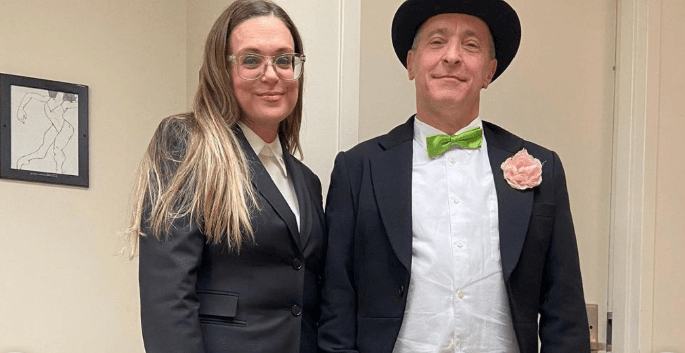 Cindy House and David Sedaris in a top hat