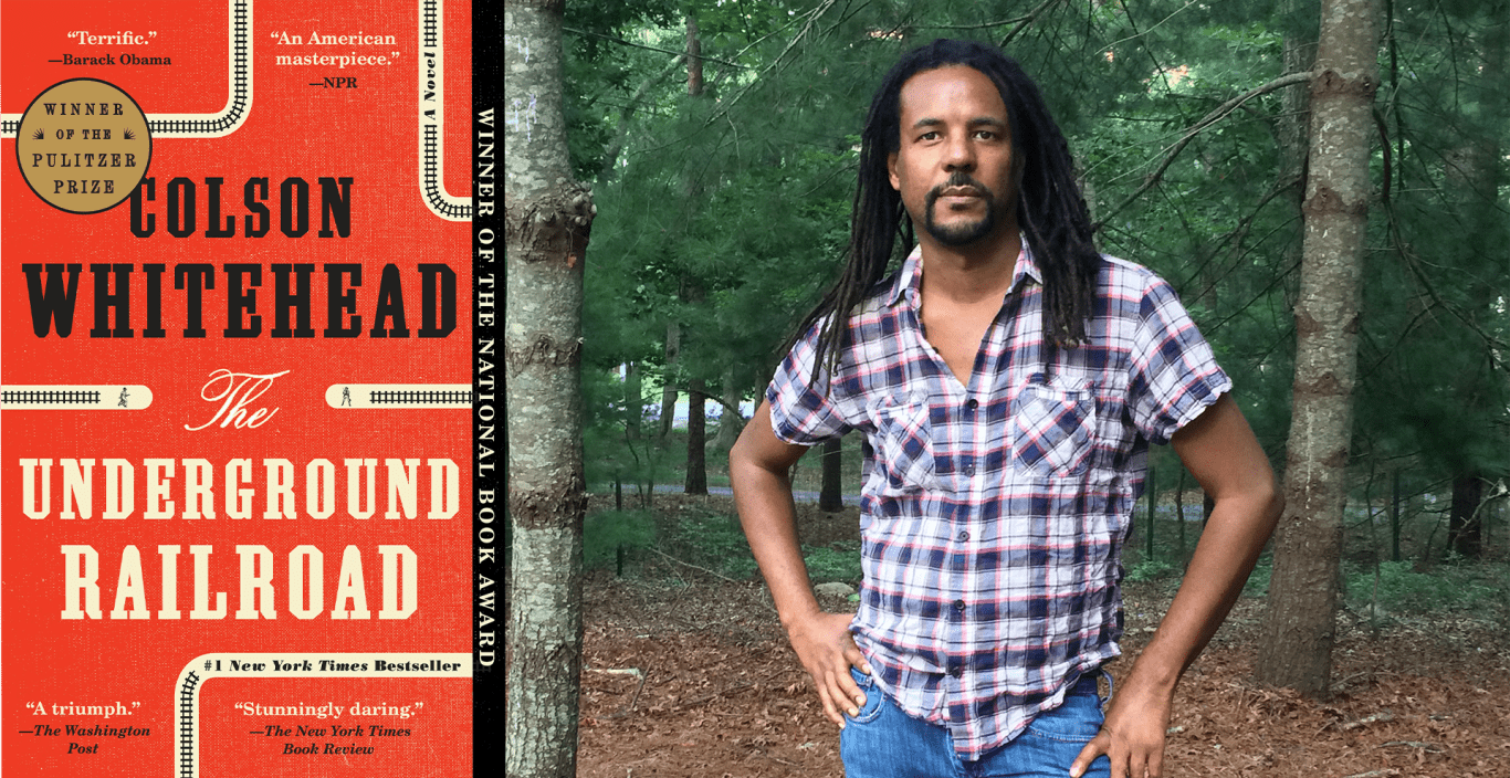 Colson Whitehead author photo (standing in the woods) and the cover of his book.