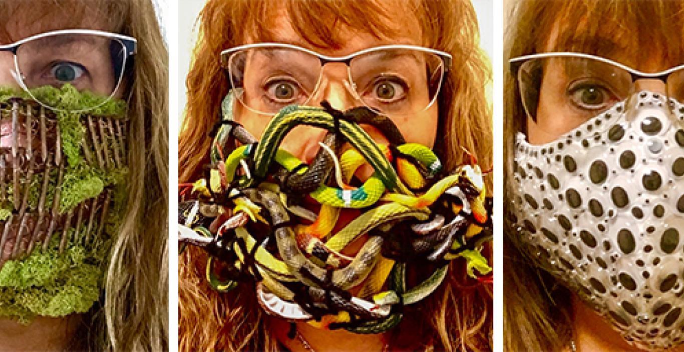 The artist in three different masks: rusted nails and moss, rubber snakes and googly eyes.