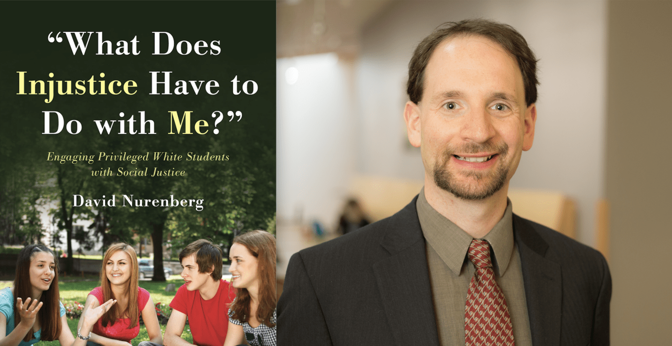 Two photos: One of the book cover which has kids sitting in a half circle talking on a lawn and the right a headshot of David Nurenberg