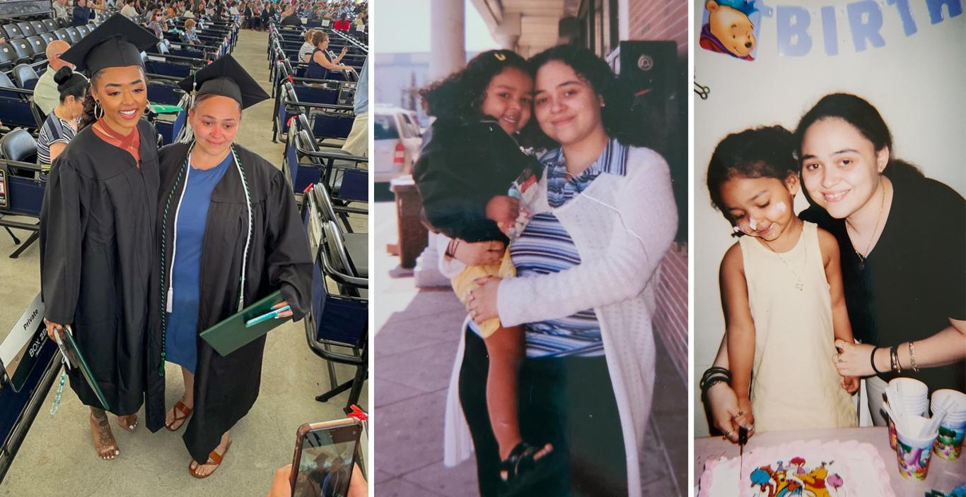 Triptych of photos with Dejah Morales and Carolina Vasquez – at graduation and two when Dejah is a kid.