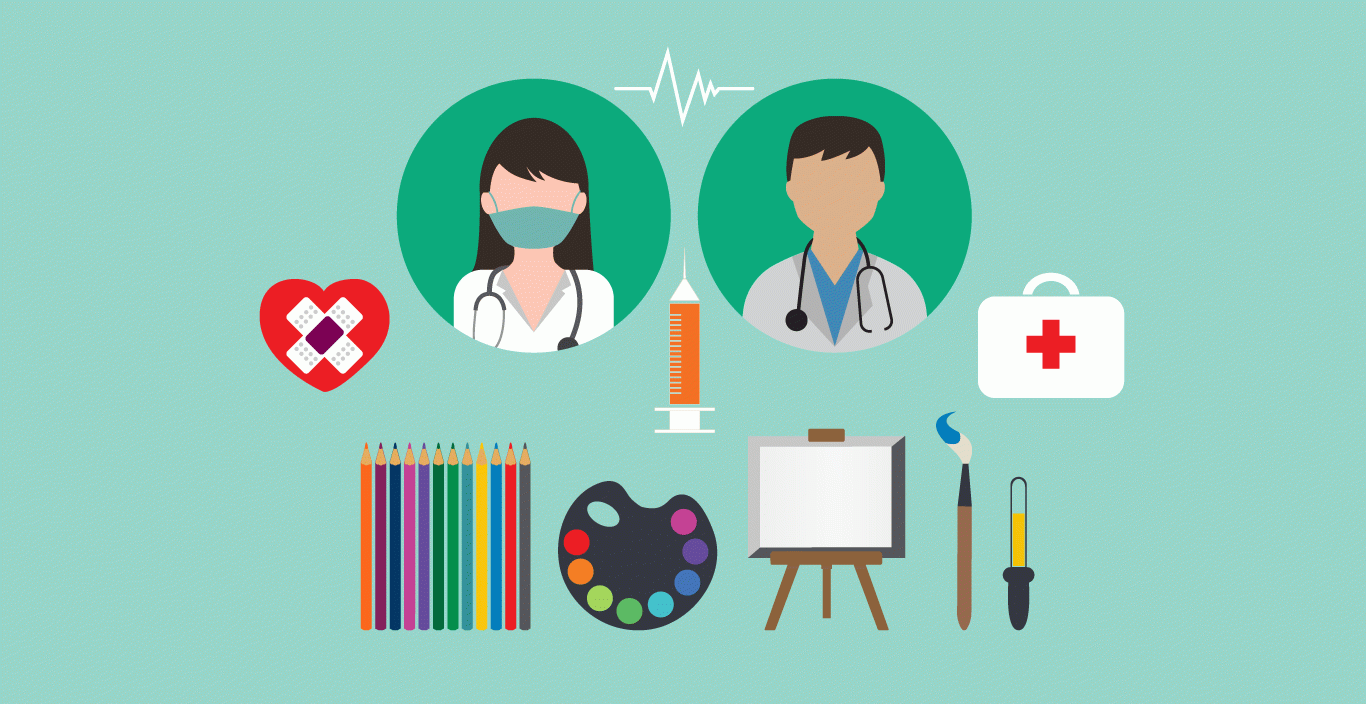 Flatlay vector with images of doctors and art supplies