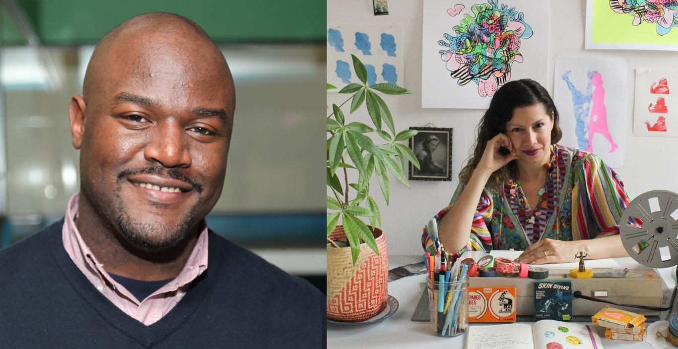 Left: Headshot of Enzo Silon Surin. Right: Photos of Maya Erdelyi in her studio.