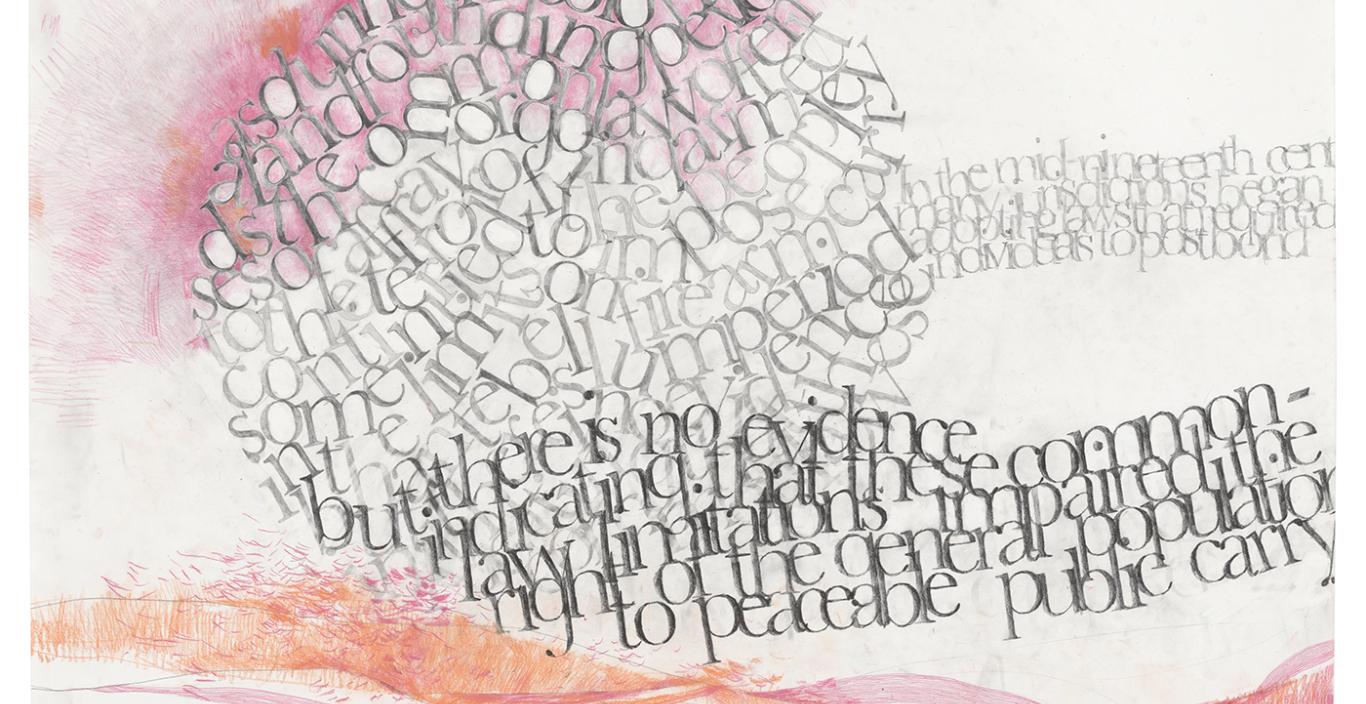 An artwork by Gabriel Sosa with words jumbled in a ball over pink and red splotches on a white background.