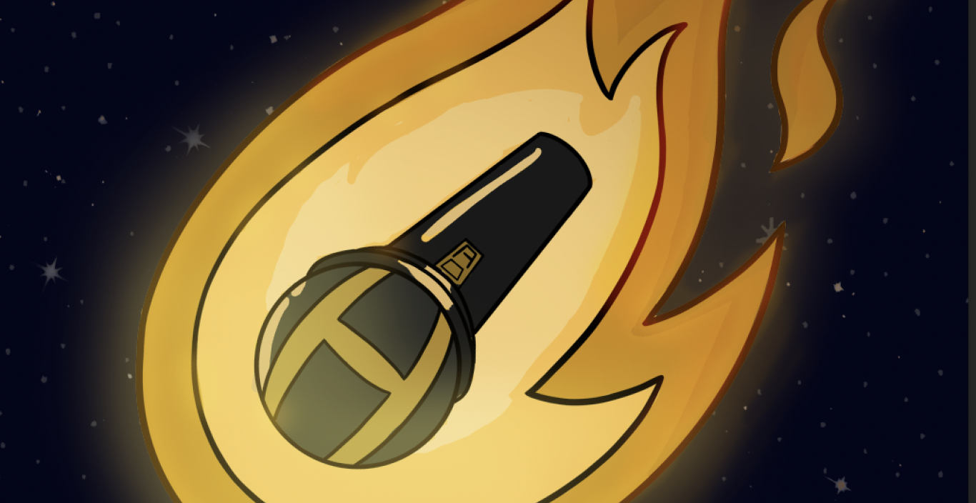 A cartoon image of a comet with a microphone where the comet would be, surrounded by yellow and gold flames on a dark purple background.