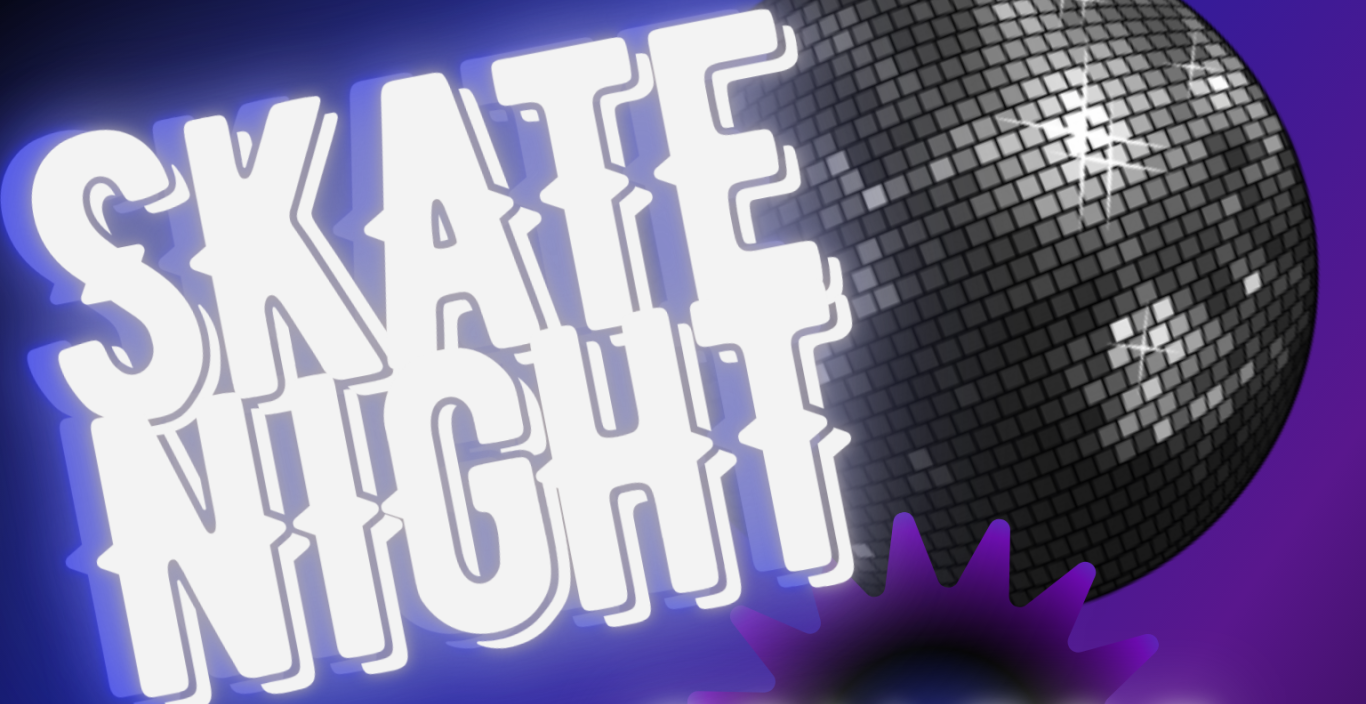 Skate Night Poster: purple and blue background with a disco ball