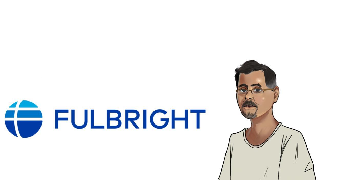 Graphic of Sunanda Sanyal and Fulbright logo