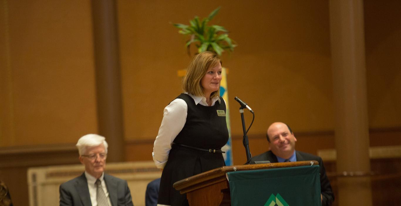 Jennifer Serowick addresses the freshmen class