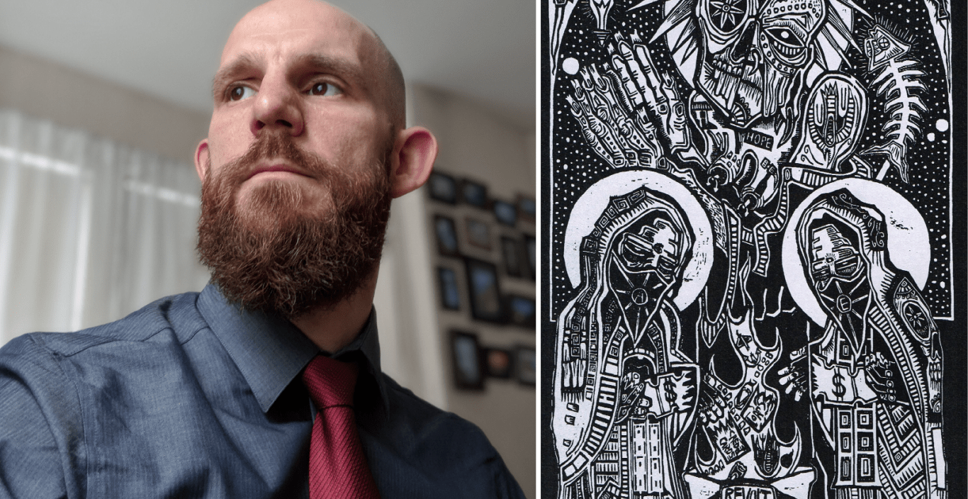On left: Joe Mageary headshot, looking off to the side. On right: A black and white drawing of skulls and skeletons with the words hope and revolt.