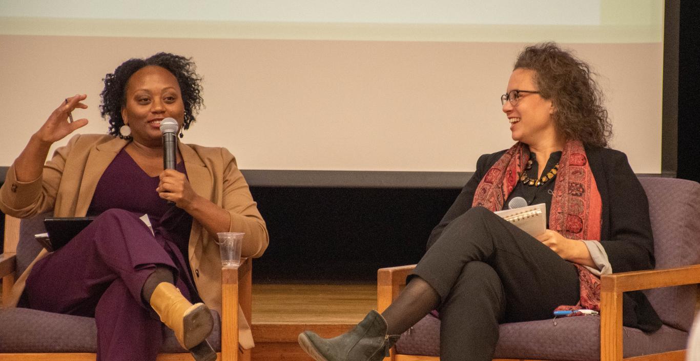 Kerri Greenidge and Kendra Field speaking on stage